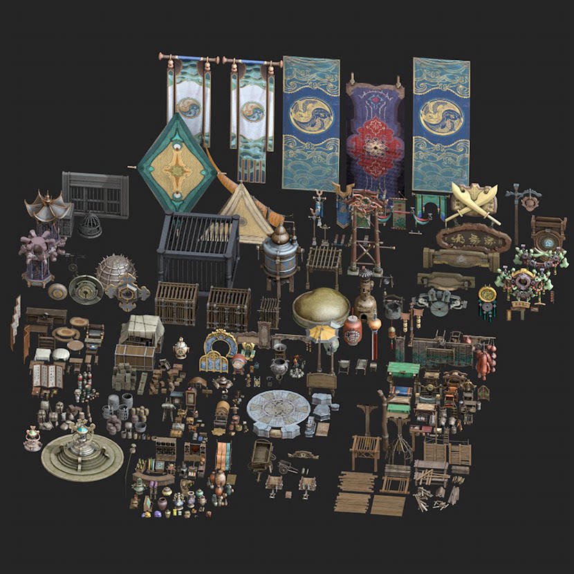 中式游戏小品牌匾旗帜货架牢笼水景祭坛摊位亭SU模型C4D素材FBX-cg男孩