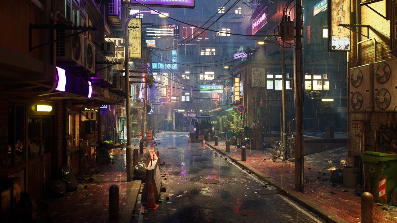 UE5雨天霓虹招牌赛博旧城市街道夜晚游戏场景 Rainy Neon Streets-cg男孩