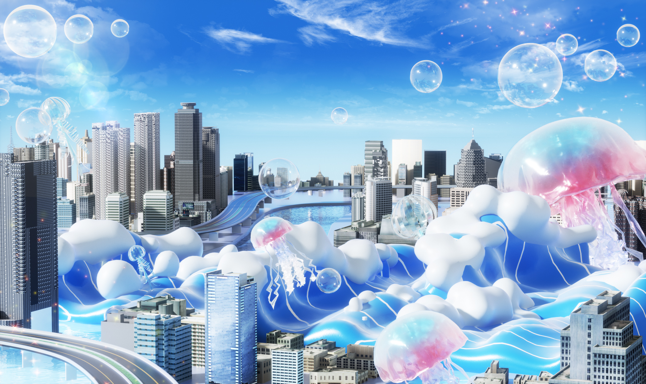 C4D夏日夏天现代城市建筑水母浪花清凉OC渲染3D场景-cg男孩