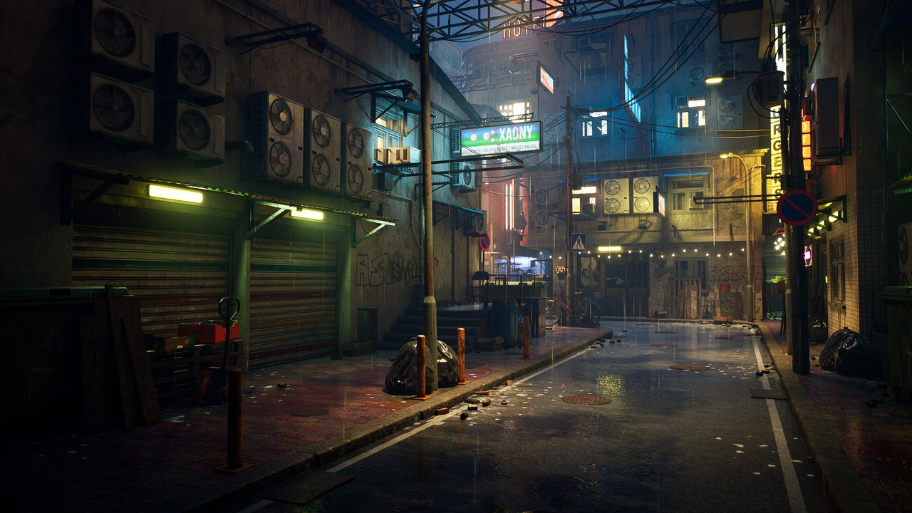 图片[2]-UE5雨天霓虹招牌赛博旧城市街道夜晚游戏场景 Rainy Neon Streets-cg男孩