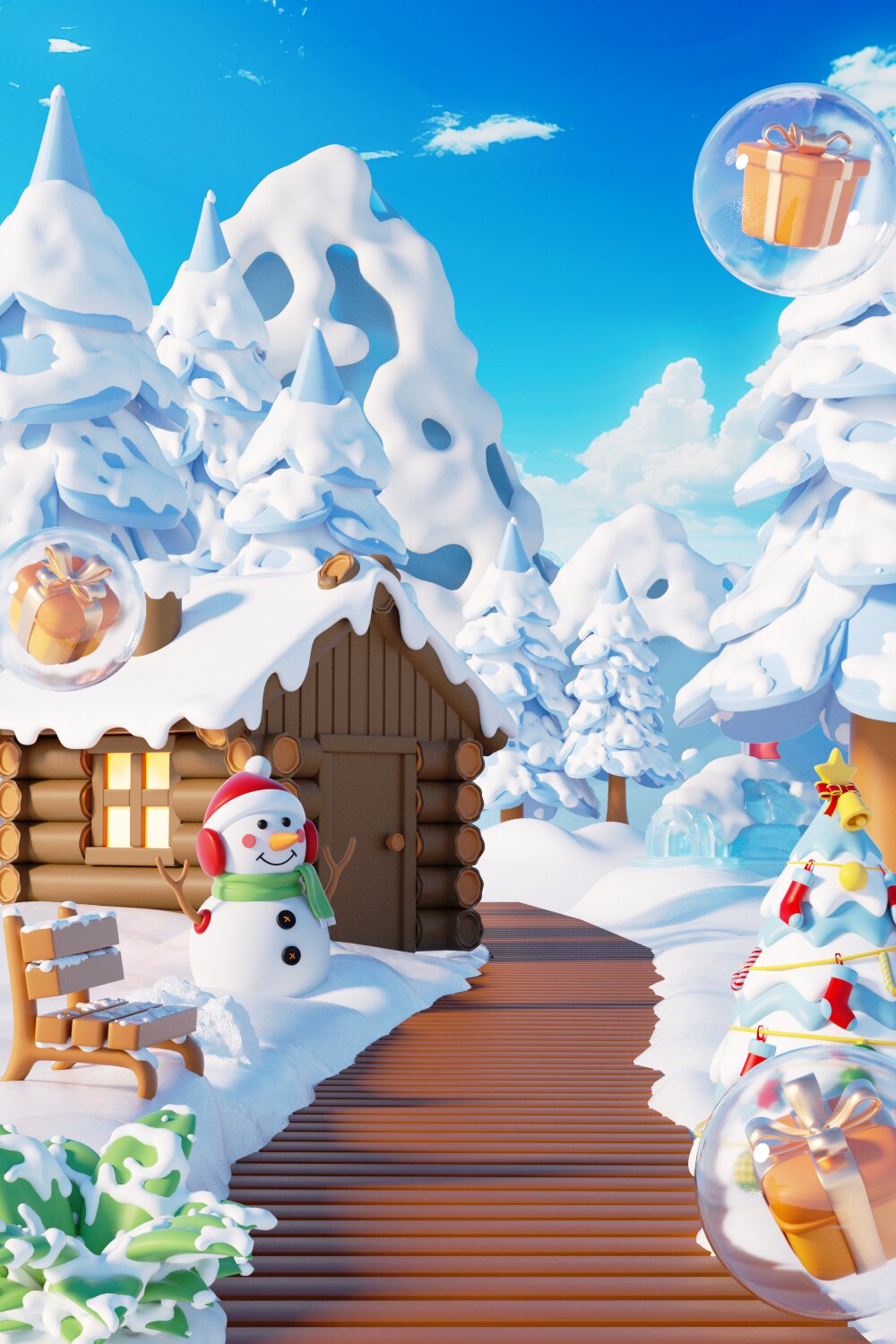 C4D冬季冬天户外木屋雪人雪地礼盒OC渲染3D立体场景-cg男孩