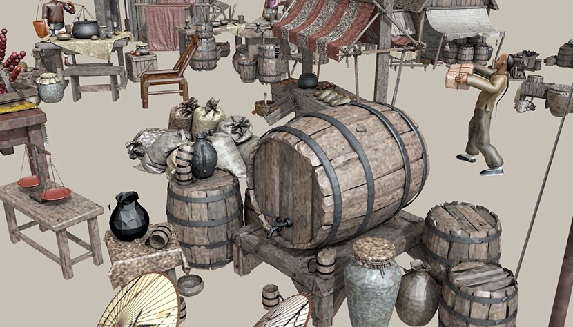 图片[2]-中式古代人商业街小品地摊位冰糖葫芦酒桶马车SU模型C4D素材FBX-cg男孩