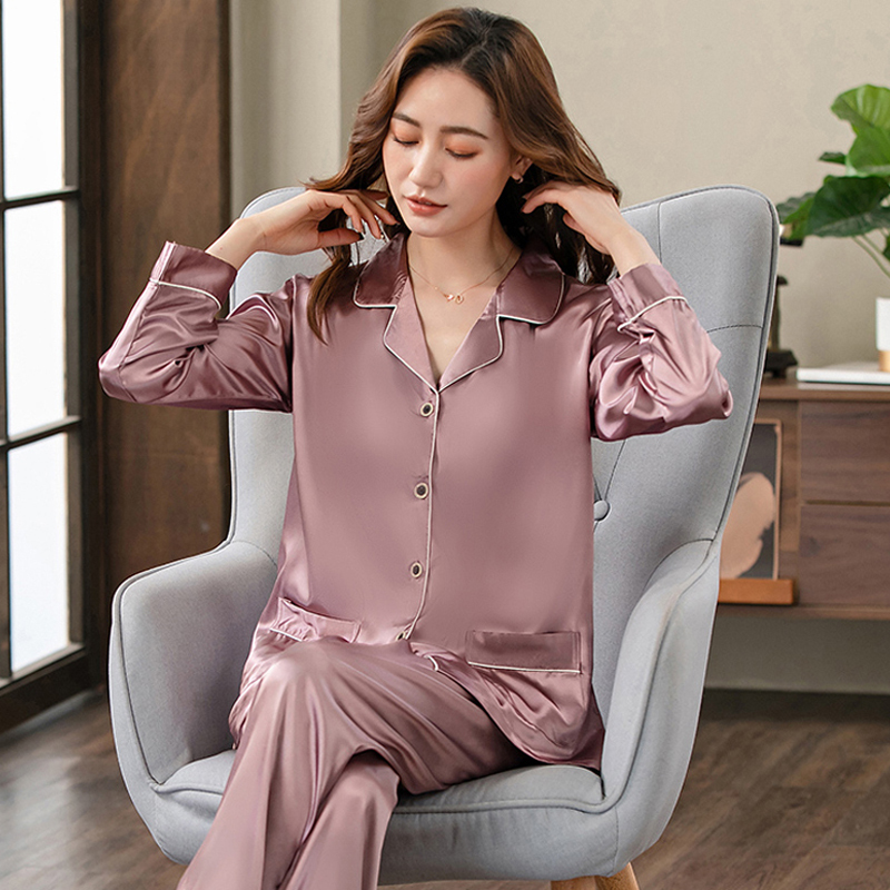 Fentengkean Air-Conditioned Room Pajamas for Women, Silk Long-Sleeved, Thin Summer Ice Silk Style Home Wear for Middle-Aged and Elderly Mothers