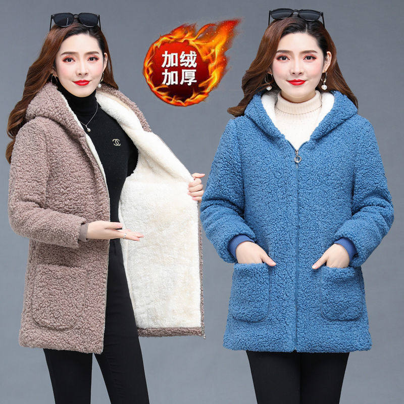 2020 New sheep-cut velvet cotton clothes Mama dress with long version plus velvet Thickened Imitation Lamb Suede Granular Suede Coat Woman