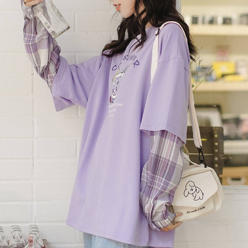Long sleeve fake two pieces of tail T shirt dress 2020 autumn new Korean edition loose printing bay pupils in the coat