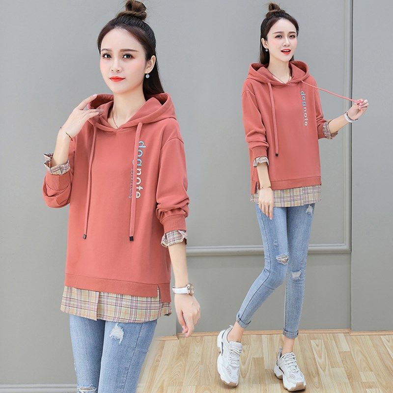 Early autumn temperament fake two hoodies plaid paneling sweatshirt women's spring thin 2020 new fashion foreign tops