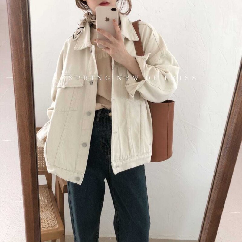 Denim Jacket Lady Autumn Winter 2020 New Retro Port Wind White Loose 100 hitch version BF beige long sleeve soft