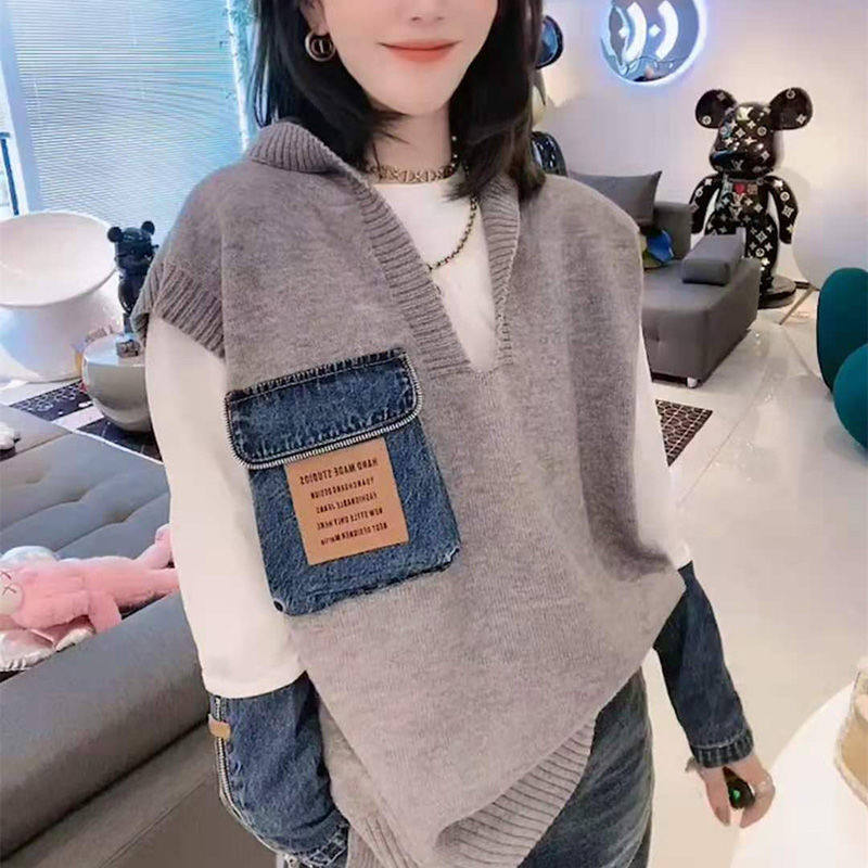 2020 Winter New Splicing Denim Suit Fashion Tandem Hat Knit Horse Chia for casual T-shirt Two sets of women