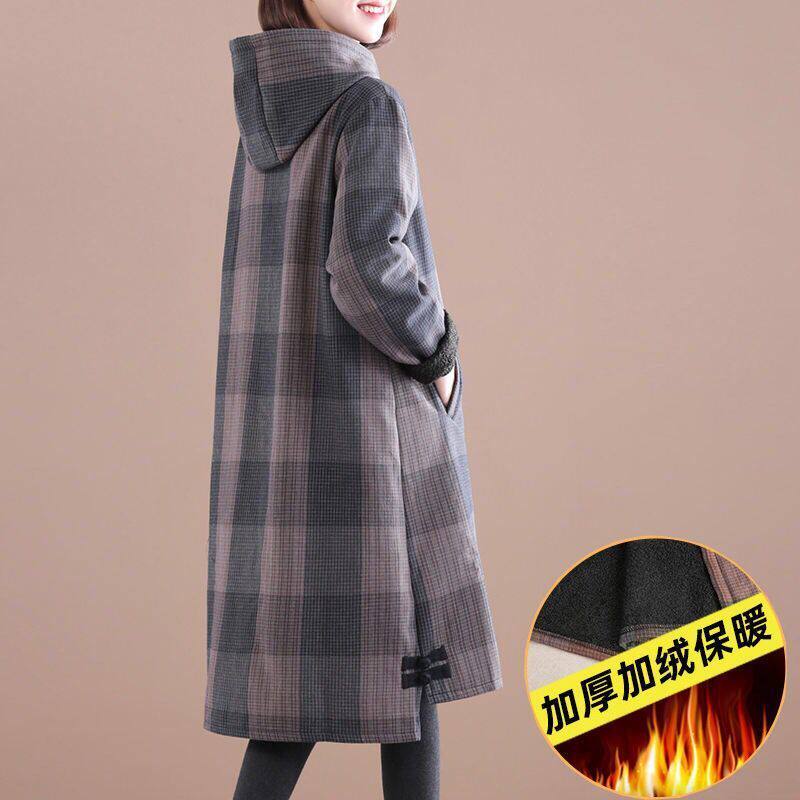 2020 autumn and winter new Korean version loose large size thin hooded plaid Western style plus velvet thick windbreaker women's mid-length version