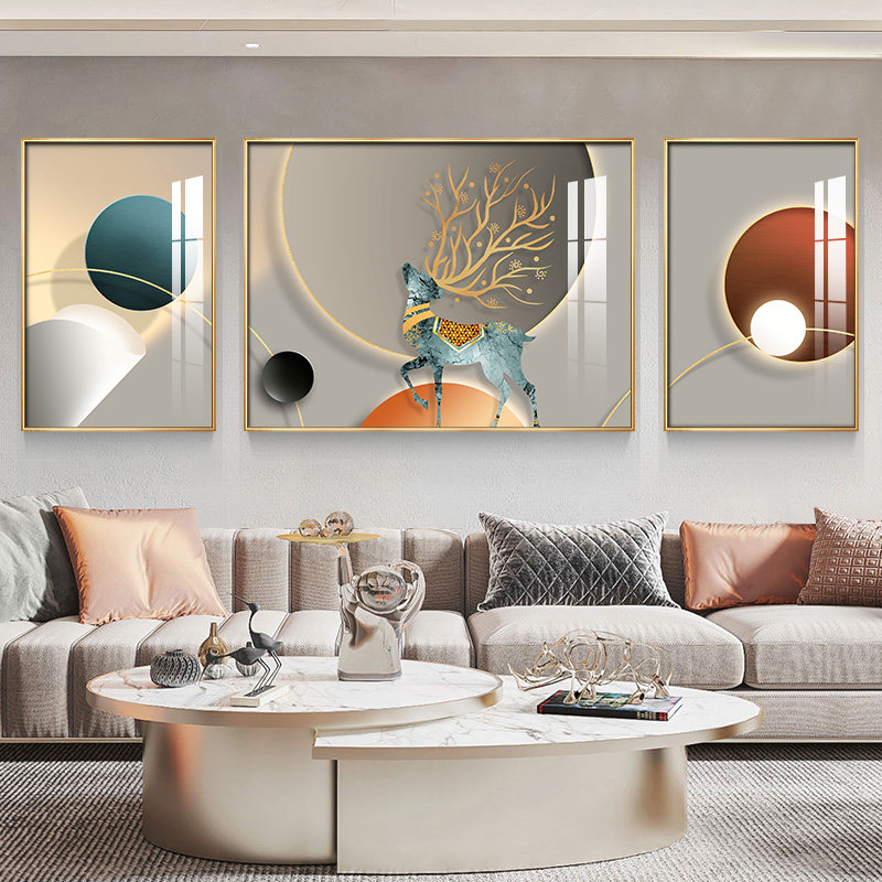 Modern living room decorative painting atmospheric elk crystal porcelain painting sofa background wall painting Nordic abstract triptych mural