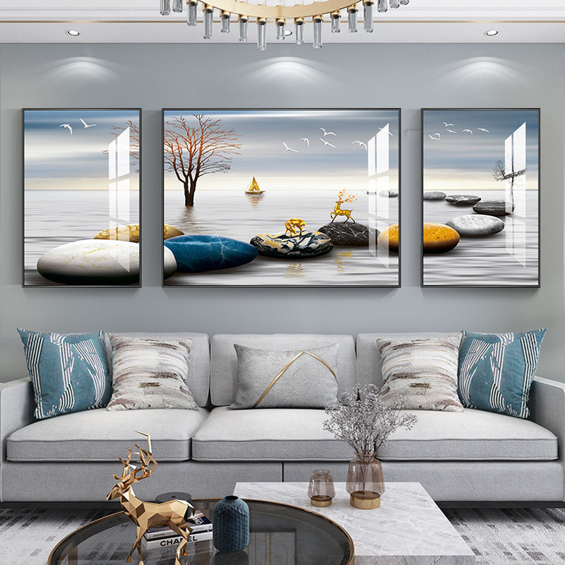 Modern minimalist living room decorative painting crystal porcelain diamond sofa background wall painting atmospheric light luxury triptych mural