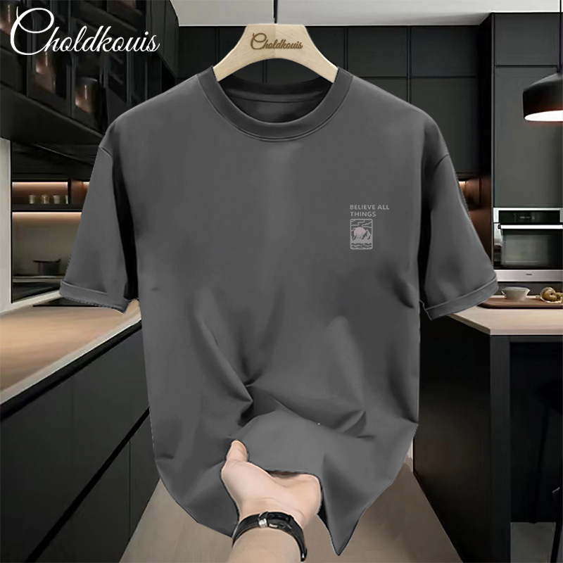Shandong Qingdao Jimo Heavyweight Pure Cotton Short-Sleeve T-Shirt for Men, Summer Ins Trendy Brand, Loose Fit, Versatile, Simple Print, Comfortable