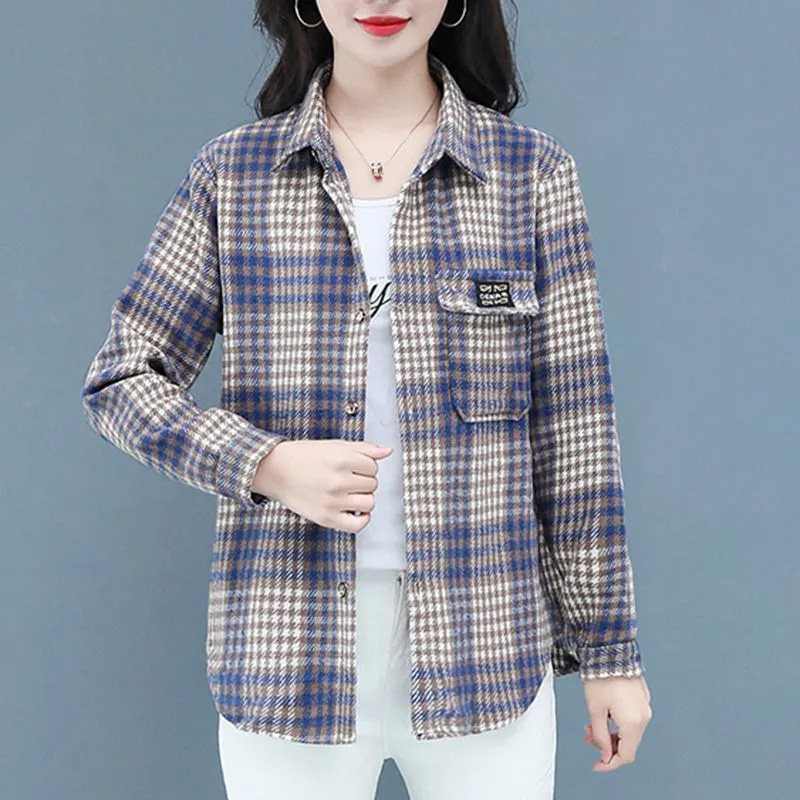 春秋季新款厚毛呢格子衬衫女爆款妈妈装女士格子衬衫显瘦宽松外套