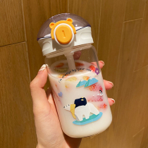Japanese household Cup children cute girl High Borosilicate straw glass female children water cup female portable Milk Cup
