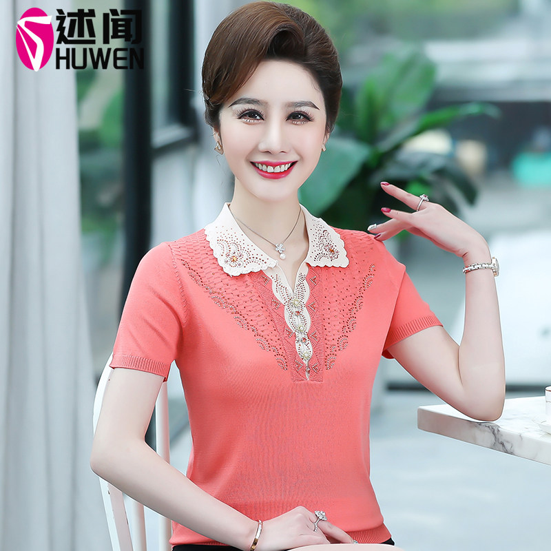 Middle aged mother Xia dress 50 years old with collar short sleeve T-shirt mid-old lady middle sleeve foreign pie cardiovert summer temperament blouse