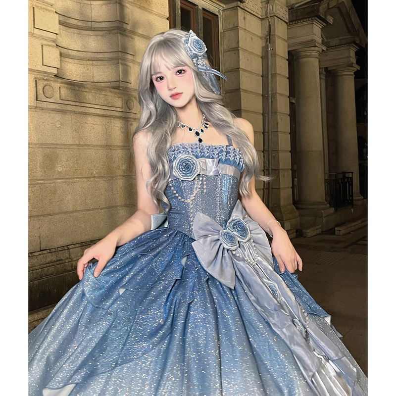 Blue Heavy-Duty Evening Dress, Super Fairy-Like Dreamy Princess Style Lolita Tutu Skirt, Birthday Party Coming-Of-Age Ceremony Dress