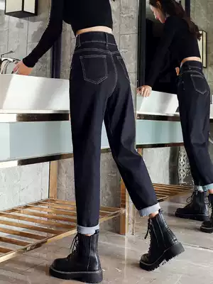 Dark blue jeans women's straight tube loose slim high waist autumn and winter 2021 new versatile casual curl pants