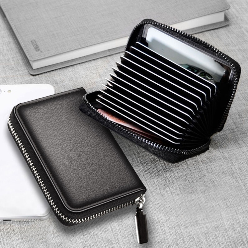 Small leather clip bank card with card holder card bag anti-degauss Ins wind male soft leather small and slim slim document large capacity woman