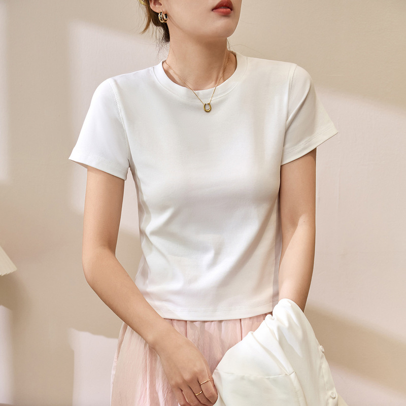 Guangzhou White Horse Women's Short Sleeve 30S Combed Cotton T-Shirt, Stylish Round Neck, Regular Shoulder, Casual Versatile Top