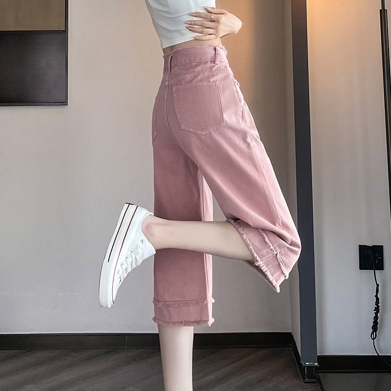 Dirty Pink Cropped Denim Pants for Women, Spring Thin Style, 2026 New High-Waisted Slim Fit, Petite Straight Wide-Leg Mid-Length Pants