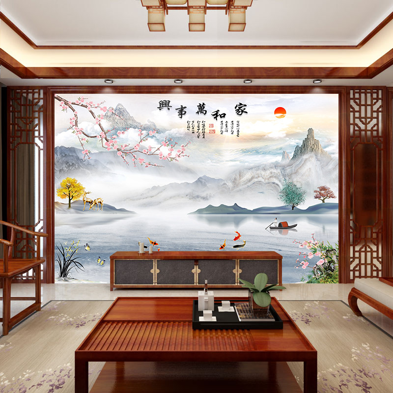 新中式电视背景墙壁纸山水壁画新款客厅墙纸贴自粘简约立体影视墙