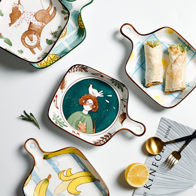 Ceramic Baking Tray Oven with cheese Oven Baked Rice Dish Home Breakfast with Plate Cute Mesh Red and Breeze Cutlery