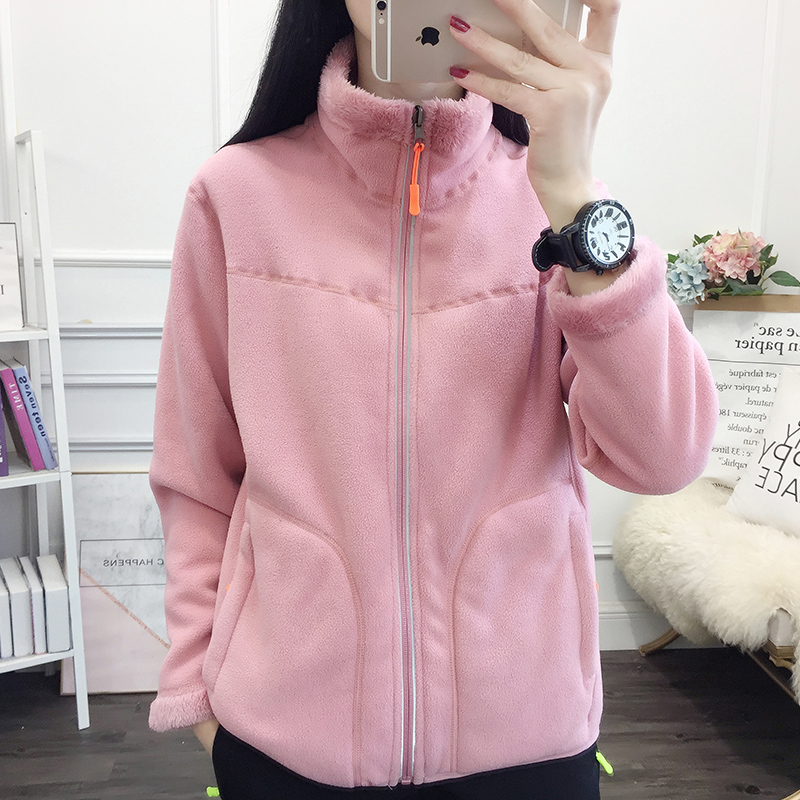 Double-sided fleece women's outer wear autumn and winter plus velvet thick warm cardigan jacket stand-up collar outdoor polar fleece