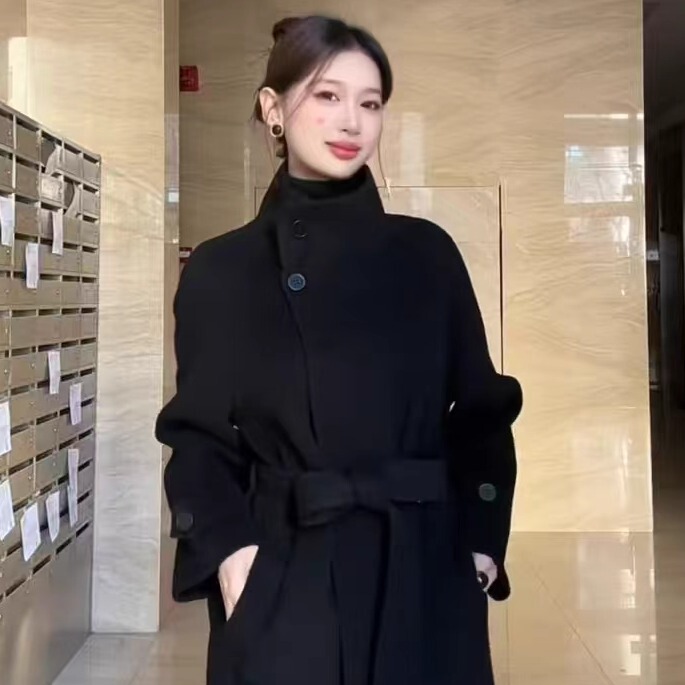 High-End Black Double-Sided Wool Coat for Women, Mid-Length, 2025 New Style, Lace-Up Stand Collar, Double-Sided Woolen Coat