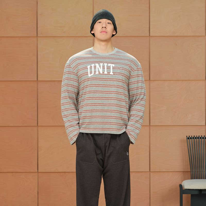 Basic Unit Loose Wide-Fit Colorful Striped Long-Sleeve Casual Sports T-Shirt Simple Top