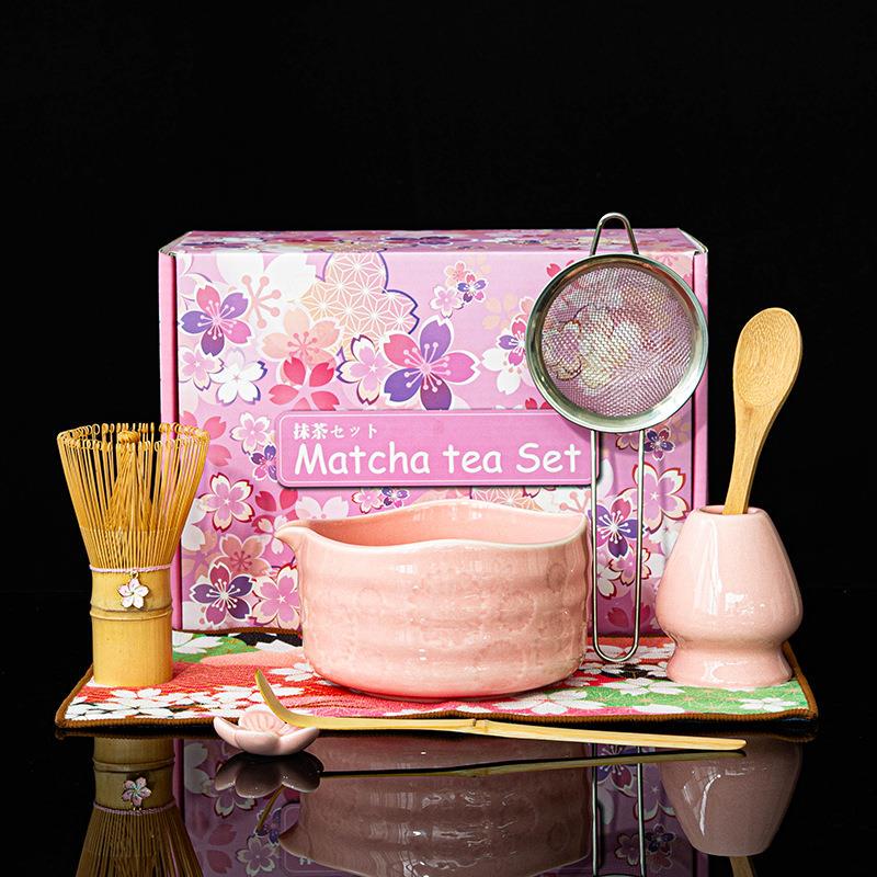 Cross-Border Pink Japanese-Style Chrysanthemum Matcha Tea Set with Spout, Japanese Matcha Bowl Set