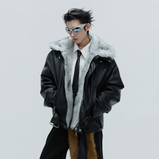 ArguE CulturE解构仿狼毛毛领加厚棉服外套冬季铆钉高领短款皮衣