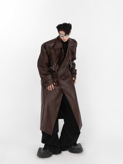 CultureE niche pu leather shoulder pad coat metal zipper double-layer stitching design windbreaker over-the-knee coat top