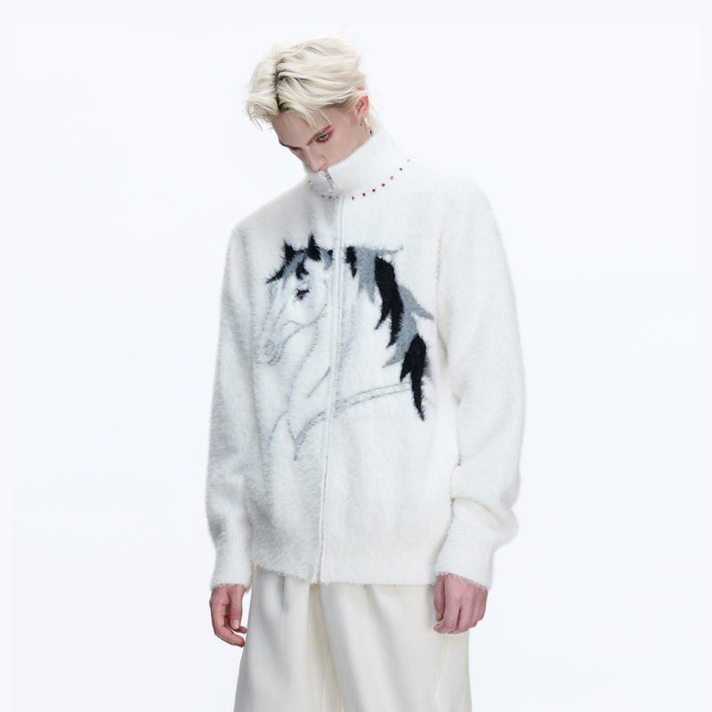 Argue Culture Jungle Adventure* Anti-Mink Fur Turtleneck Year of the Horse Sweater Heavy Thick Knit Cardigan Jacket
