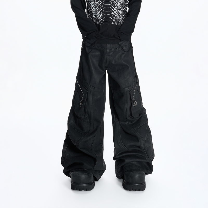 Argue Culture Fidgety* Wax Paint Surface Three-Dimensional Multi-Pocket Heavy-Duty Denim Pants Double Pleated Scimitar Work Pants