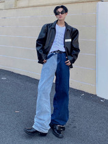 Culture Korean version of washed color matching jeans niche fashion Joker buckle design show slender men and women