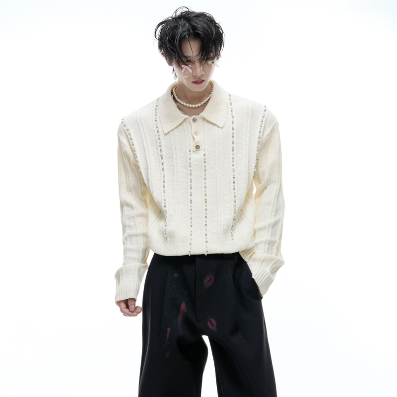 Argue Culture Shidai* New Elite Pearl Embellished Knitted Polo Shirt with Vertical Stripes and Textured Slim Fit Long Sleeves Argue Culture Shidai* New Elite Pearl Embellished Knitted Polo Shirt with Vertical Stripes and Textured Slim Fit Long Sleeves