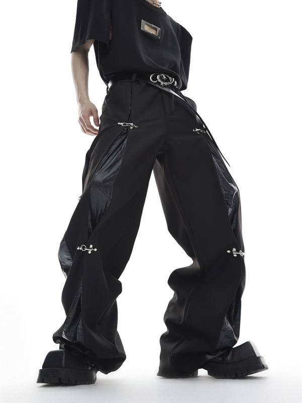 Argue Niche Deconstructed Metal Buckle Dress Pants with Leather Patchwork Design, Casual Straight-Leg Pants with Drape Effect Argue Niche Deconstructed Metal Buckle Dress Pants with Leather Patchwork Design, Casual Straight-Leg Pants with Drape Effect