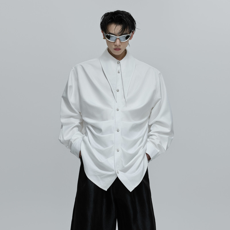 Argue Culture Niche Deconstructed Pleated Design Shirt with French Collar, Scarf Cardigan, Shell Bead Shirt