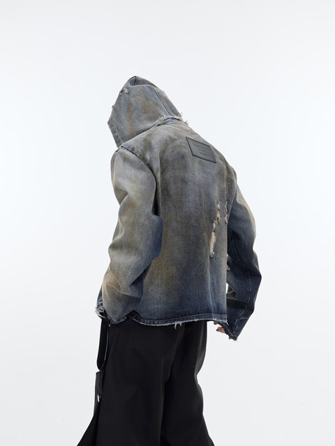 CulturE24ss Heavy Retro Distressed Hooded Denim Jacket Destroyed Design Shoulder Pad Jacket Top Men