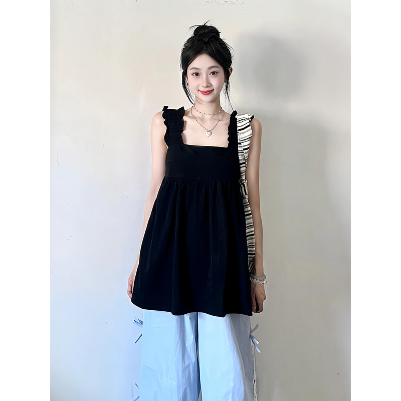 Black Ruffled Sleeveless Camisole for Women, Summer Loose Fit, Slimming, Tummy-Concealing, Age-Reducing Top
