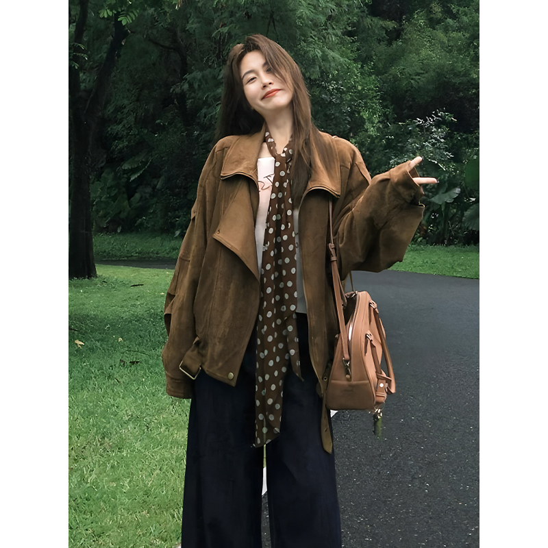 Milad Retro Suede Biker Jacket for Women, Autumn Loose-Fitting Lapel Jacket with a Stylish and Relaxed Silhouette
