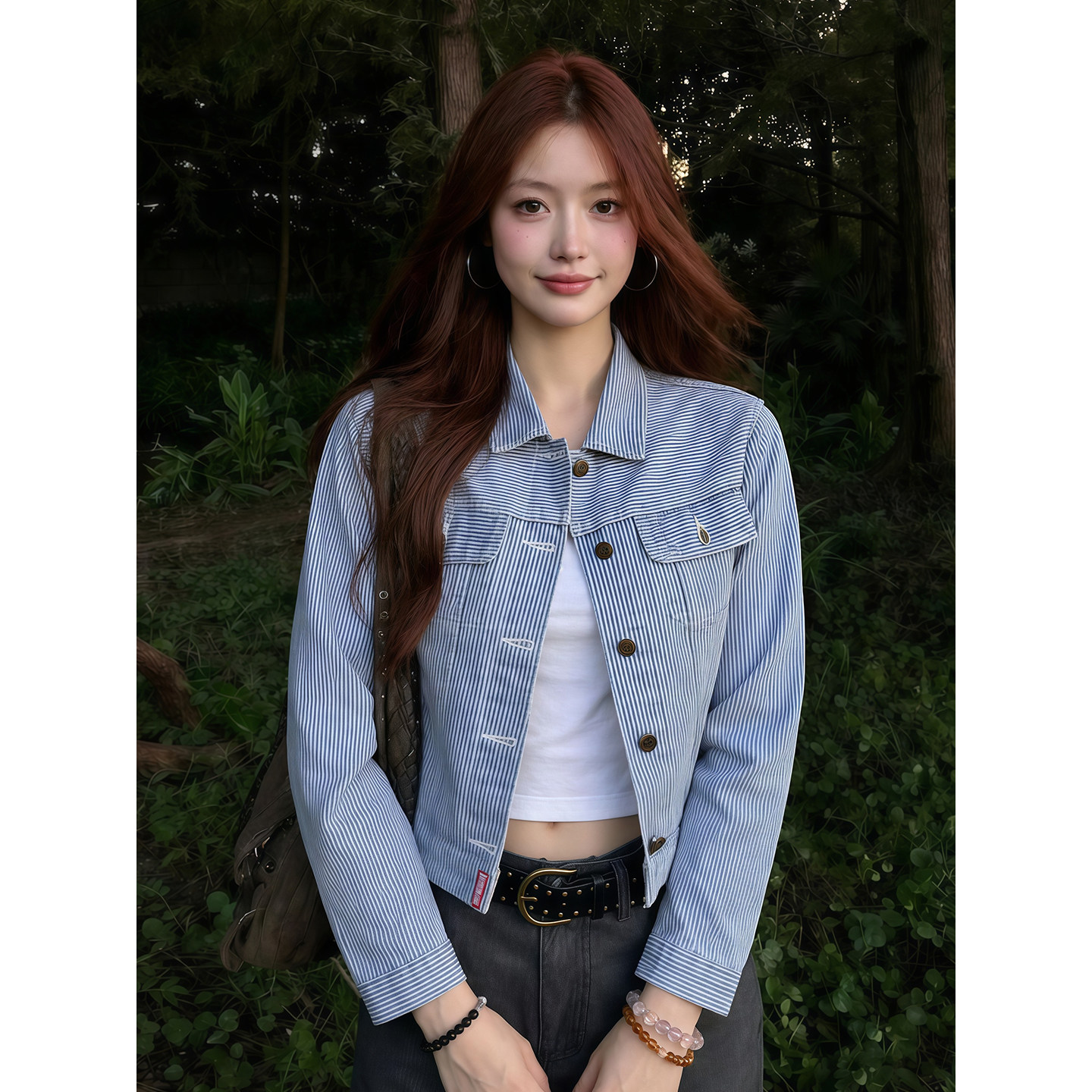 아메리칸 레트로 스트라이프 데님 여성 코트 조기 가을 쇼트 스타일 몸매 가꾸기 폴로 칼라 오픈 가디건 루즈핏 품격 긍정적 인 어깨 재킷 상세 이미지 2