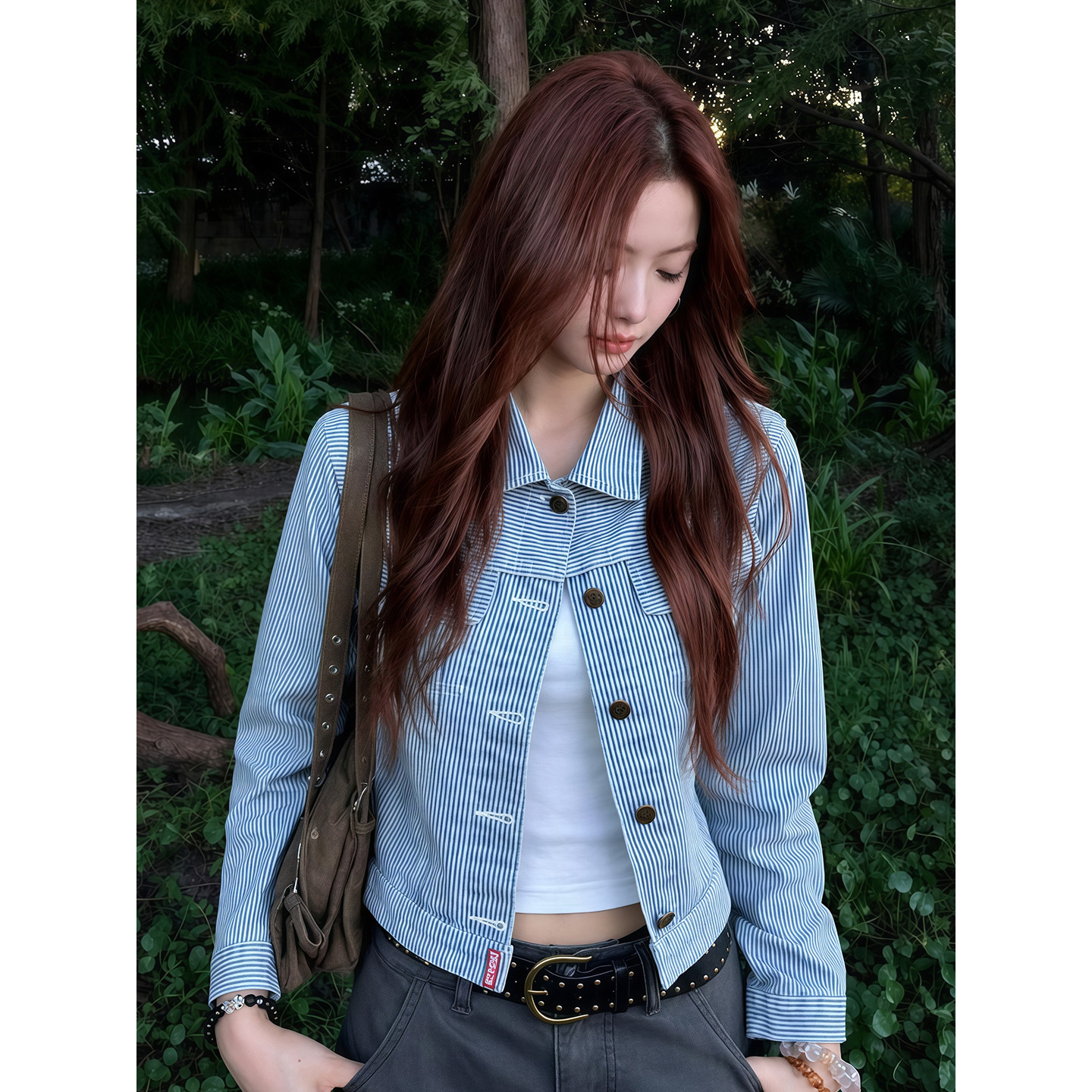 아메리칸 레트로 스트라이프 데님 여성 코트 조기 가을 쇼트 스타일 몸매 가꾸기 폴로 칼라 오픈 가디건 루즈핏 품격 긍정적 인 어깨 재킷 상세 이미지 4