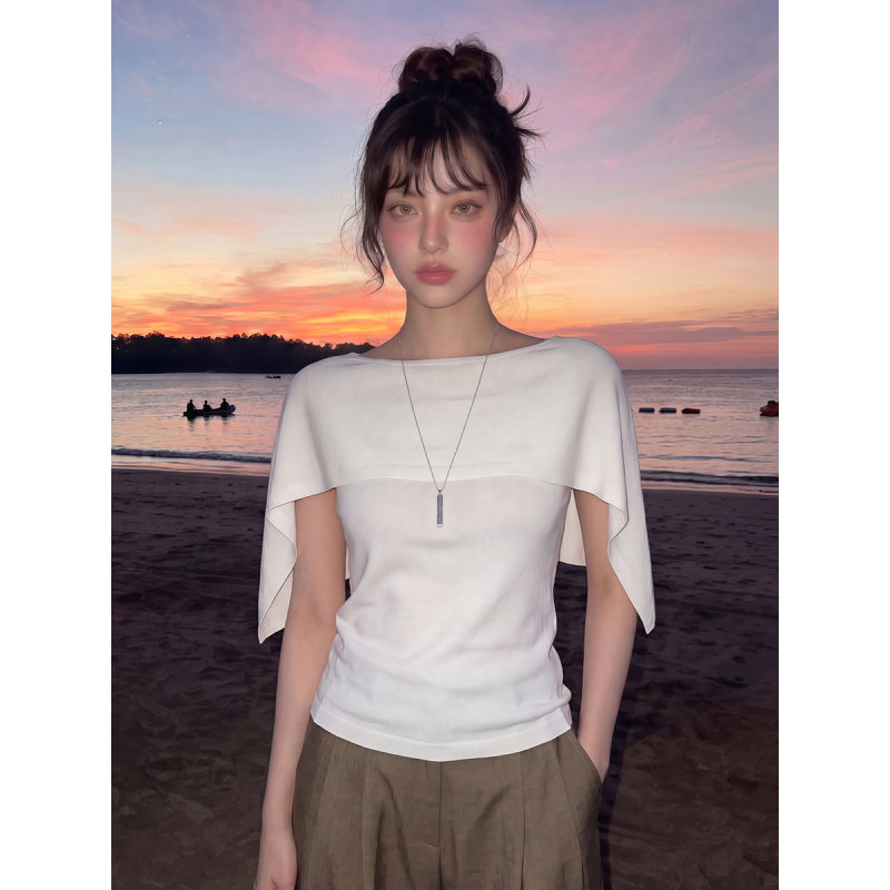 French-Style Old Money One-Shoulder Cape Short-Sleeve T-Shirt for Women, Summer Elegant Loose Knit Top with Waist-Cinching and Drape Effect