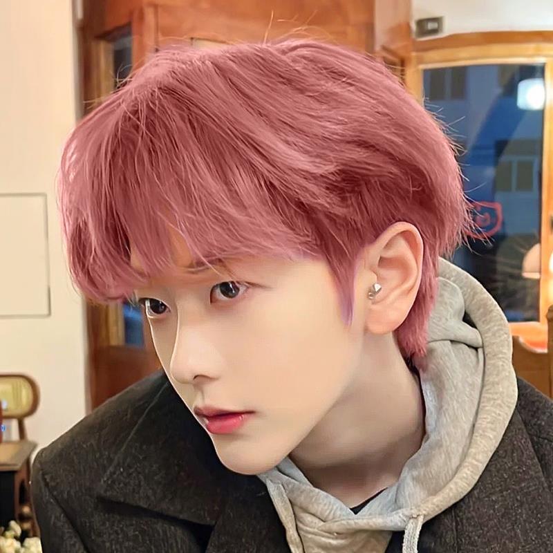 Pink Wig Men's Summer Short Hair Korean Style Handsome Full Headgear Style Men's Student Head Daily Short Straight Hair Full Headgear