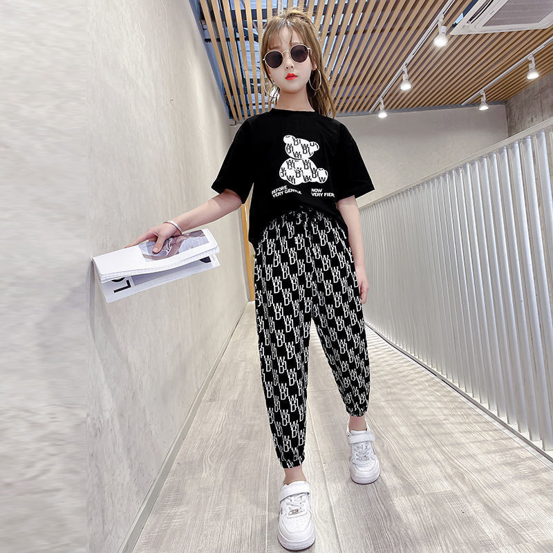 Girls suit summer 2021 new Zhongda children's net red Ocean school anti-mosquito pants short-sleeved children's fashionable sports two-piece suit