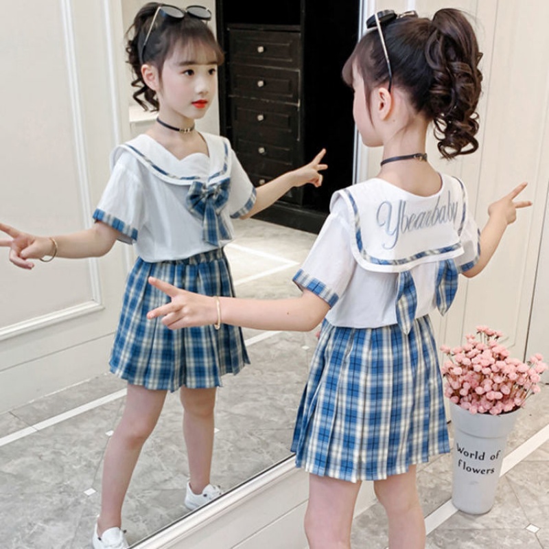 Girls suit summer dress 2021 new foreign school net red jk uniform girls college style children's skirt two-piece set tide