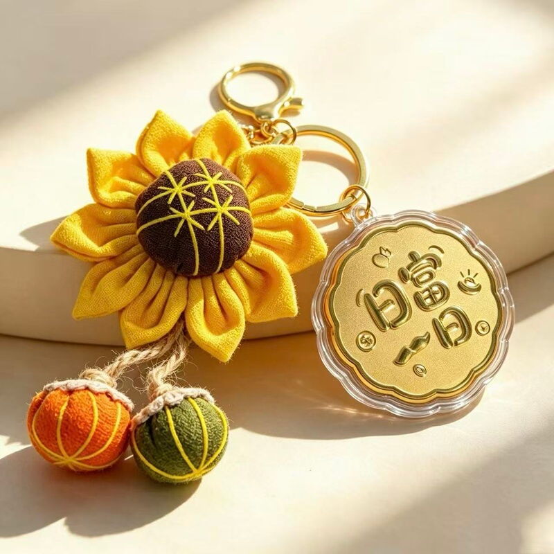 New Round Pendant with the Meaning of Wealth and Prosperity, Featuring Persimmons, Peanuts, Sunflowers, Cartoon Creative Soft and Cute Little Flower Keychain Bag Charm