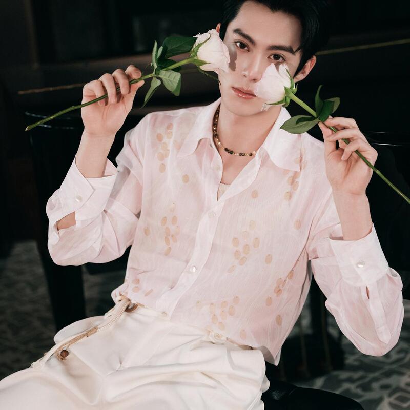 Men's Long-Sleeve Shirt in Celebrity Style, Satin Mesh, High-End Niche, Cool and Stylish, with a Turn-Down Collar and Drape Effect, Trendy for Spring and Autumn