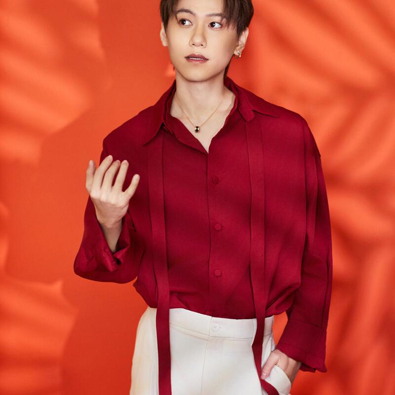 Qiu Yuchen's Same Style Long-Sleeve Ribbon Shirt for Men, High-End Niche Satin Red Lapel Drape Shirt, Trendy Qiu Yuchen's Same Style Long-Sleeve Ribbon Shirt for Men, High-End Niche Satin Red Lapel Drape Shirt, Trendy